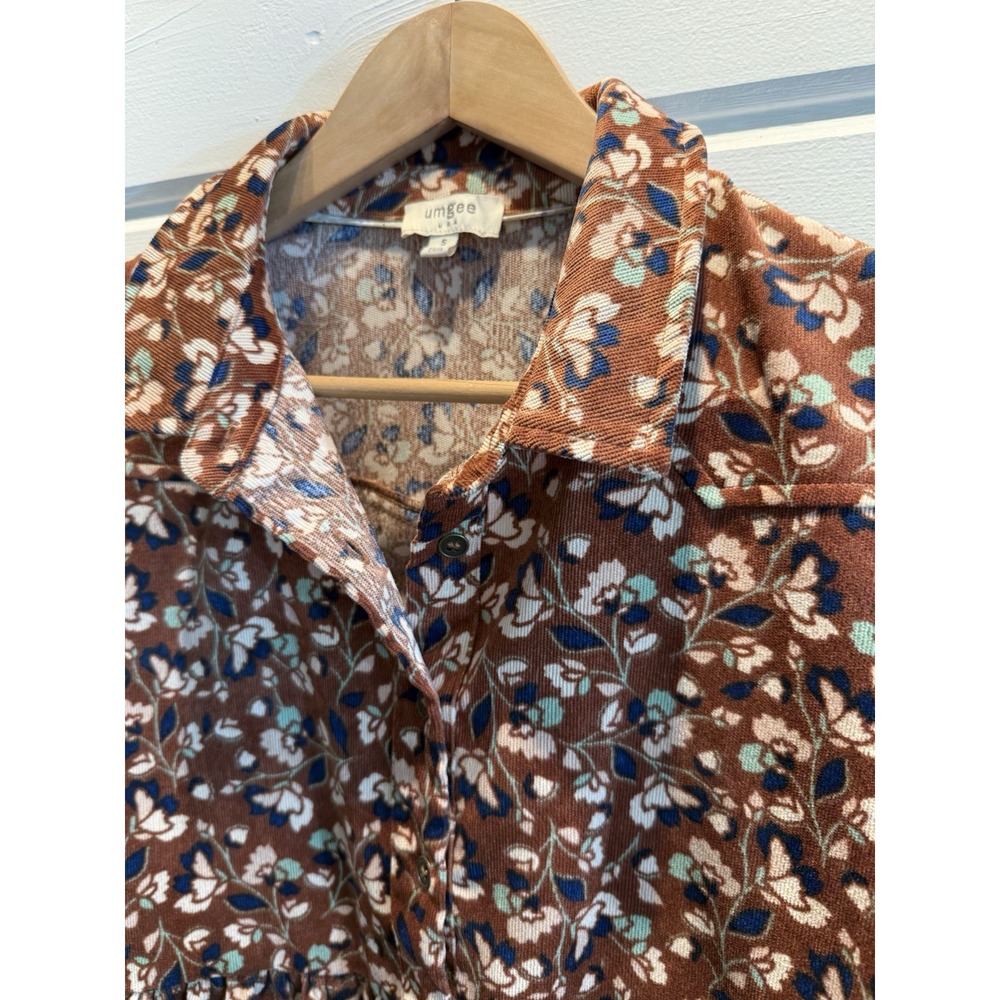 Umgee USA Floral Corduroy Tunic Top Women's Size Small Brown/navy/pink/green